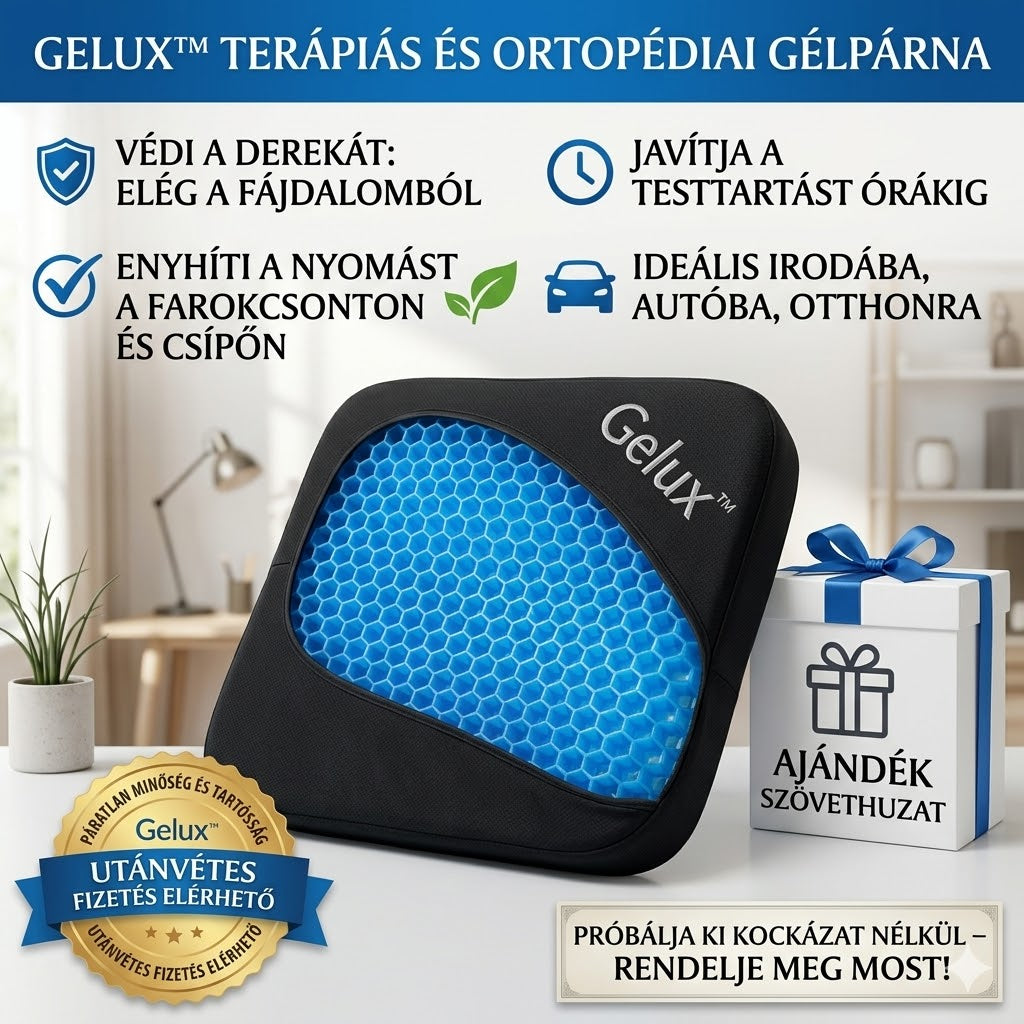 Gelux™ - Az egyetlen prémium terápiás gélpárna, amely azonnal enyhíti a hátfájást és javítja a testtartást – ideális, ha hosszú órákat ülsz! + INGYENES szövethuzat! Próbáld ki 30 napig kockázat nélkül!