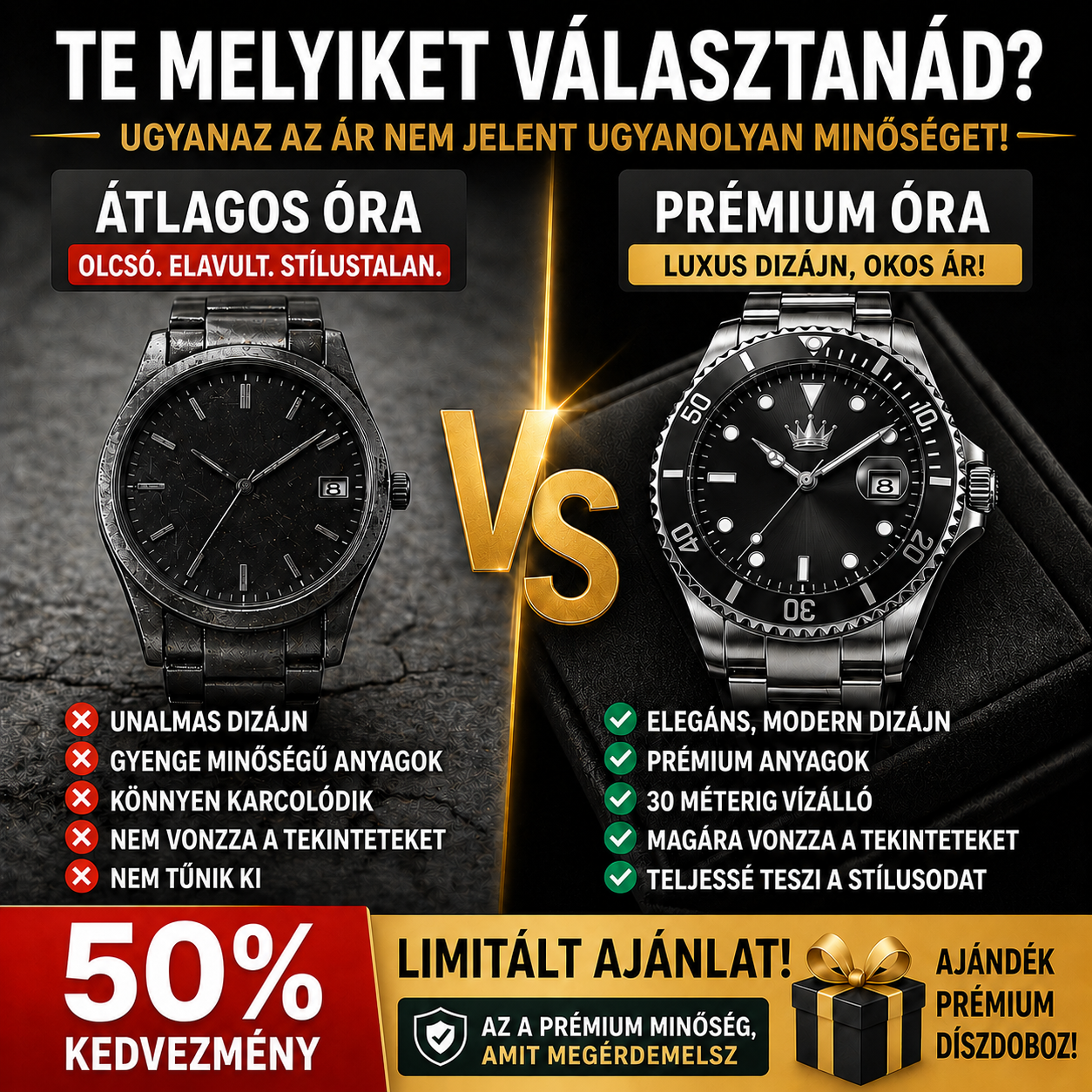 Prémium svájci Submariner karóra – Luxus Diver stílusú dizájn, elegáns fekete kivitelben | Drága hatás, ezrek fizetése nélkül