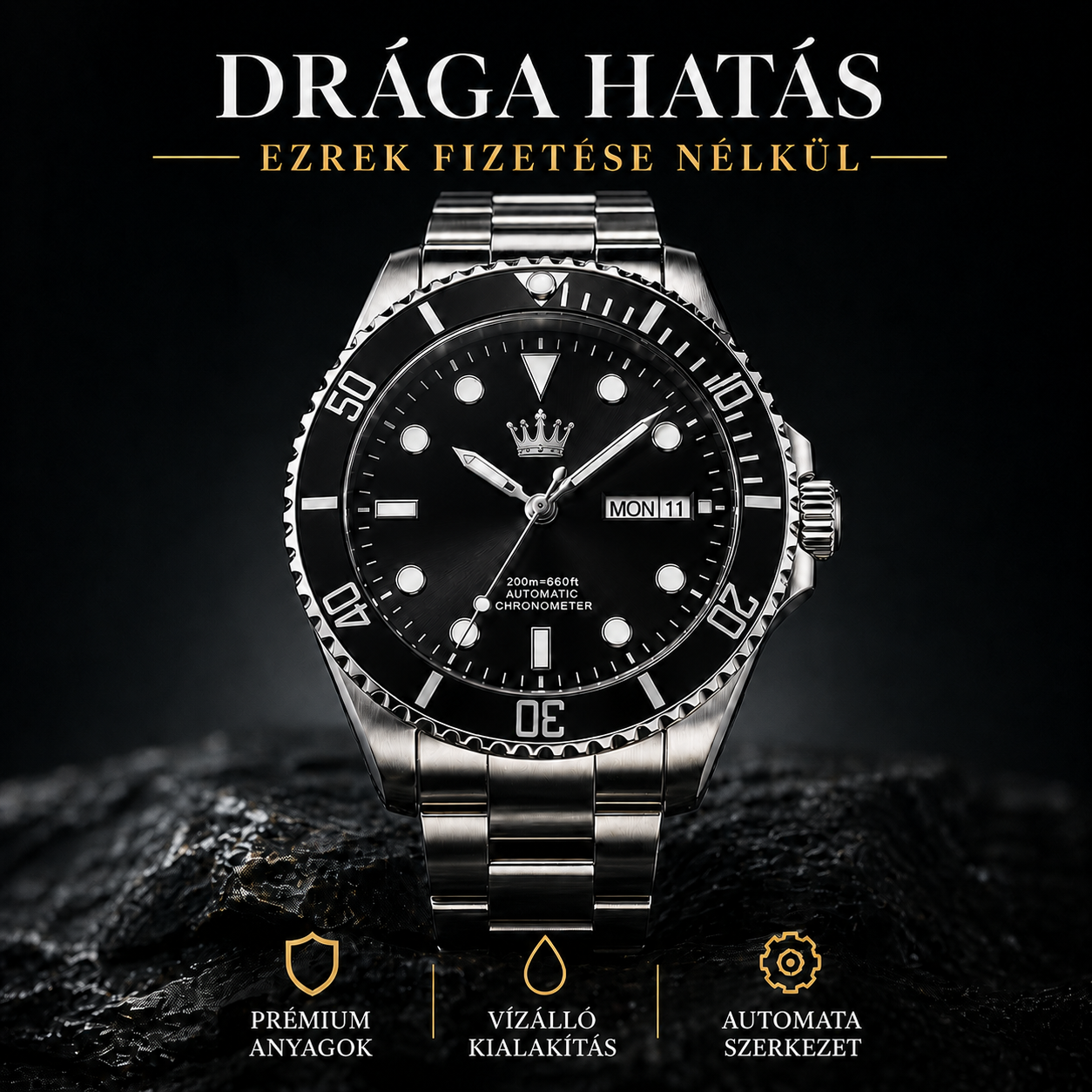 Prémium svájci Submariner karóra – Luxus Diver stílusú dizájn, elegáns fekete kivitelben | Drága hatás, ezrek fizetése nélkül