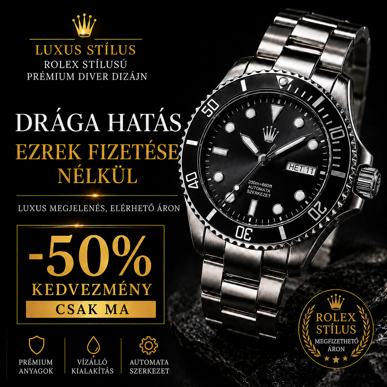 Prémium svájci Submariner karóra – Luxus Diver stílusú dizájn, elegáns fekete kivitelben | Drága hatás, ezrek fizetése nélkül