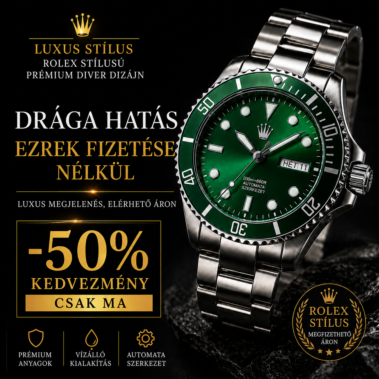 Prémium svájci Submariner karóra – Luxus Diver stílusú dizájn, metálzöld kivitelben | Drága hatás, ezrek fizetése nélkül