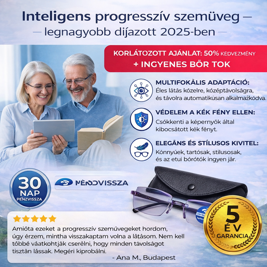 Ray™ Intelligens Progresszív Szemüveg (Éles látás közelre, középtávolságra és távolra egyetlen szemüvegben) Dioptria nélkül | Bőr tok mellékelve | 30 napos elégedettségi próba