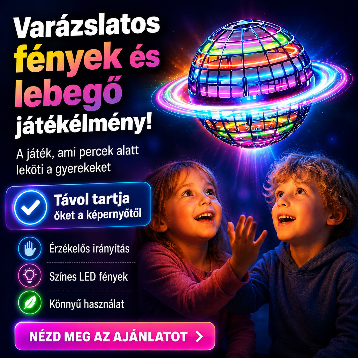 SpinNova™ LED-es Repülő UFO Labda – Visszatérő Dobás Kézmozdulat-Érzékeléssel | Látványos Játék Gyerekeknek és az Egész Családnak