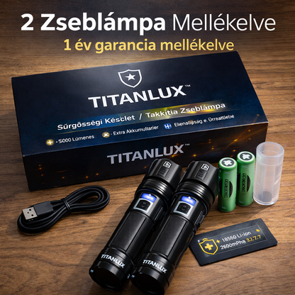 CSAK MA: 1+1 INGYEN l TitanLux™ Professzionális Taktikai Lámpa Készlet – Ideális áramszünetre, vészhelyzetekre és otthonvédelemre, horgászathoz vagy túrázáshoz.