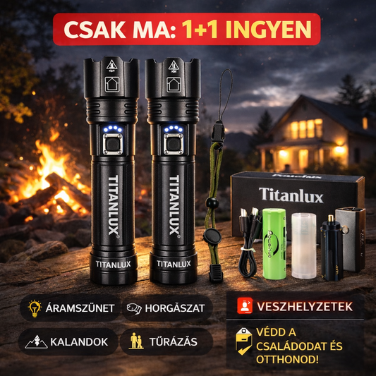 CSAK MA: 1+1 INGYEN l TitanLux™ Professzionális Taktikai Lámpa Készlet – Ideális áramszünetre, vészhelyzetekre és otthonvédelemre, horgászathoz vagy túrázáshoz.
