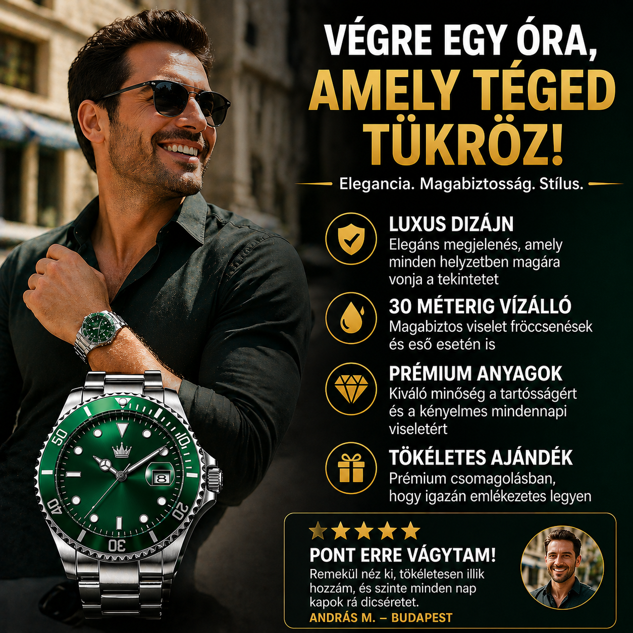 Prémium svájci Submariner karóra – Luxus Diver stílusú dizájn, metálzöld kivitelben | Drága hatás, ezrek fizetése nélkül