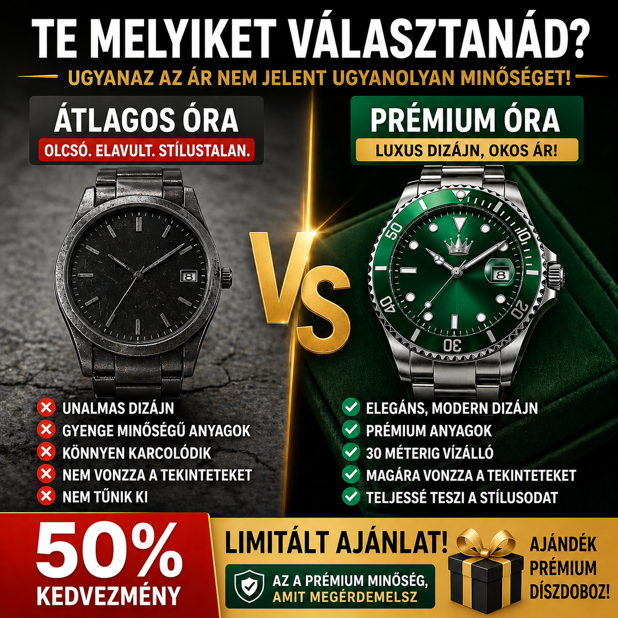 Prémium svájci Submariner karóra – Luxus Diver stílusú dizájn, metálzöld kivitelben | Drága hatás, ezrek fizetése nélkül