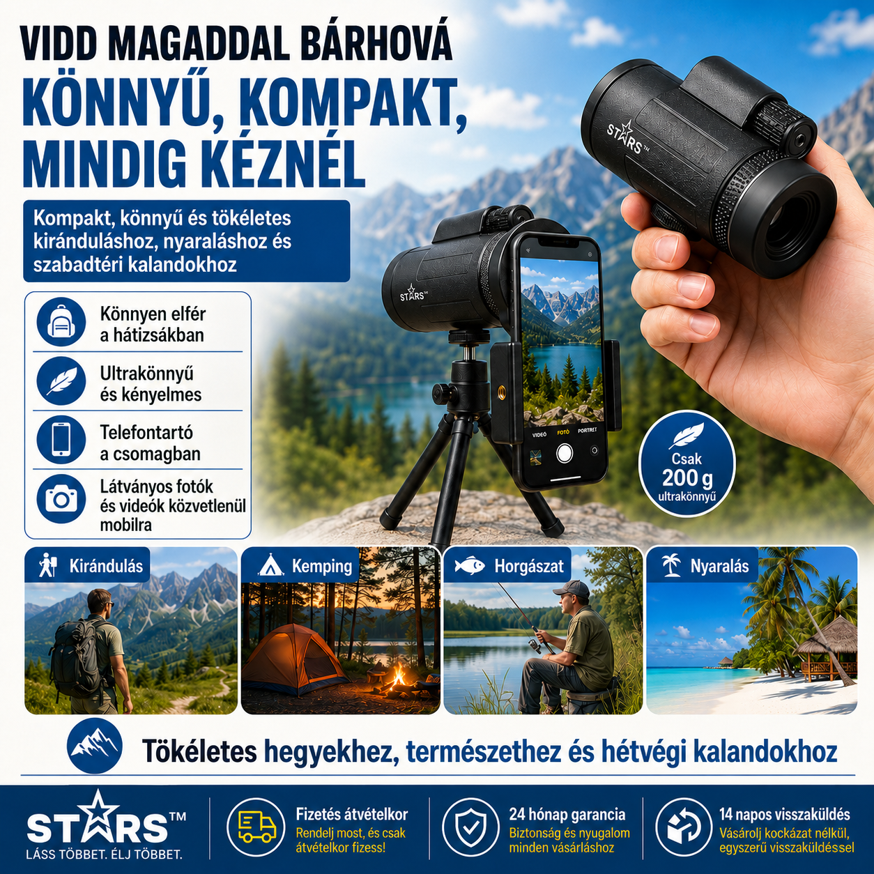 Stars™ – Hozd akár 20x közelebb a nyári kalandokat, és örökítsd meg őket a telefonoddal | Állvány + telefontartó AJÁNDÉK