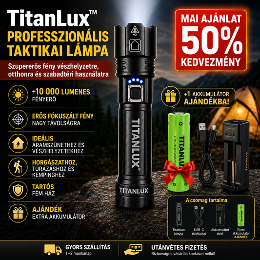 TitanLux™ professzionális taktikai LED-lámpakészlet – Szupererős, nagy hatótávolságú világítás áramszünethez, autós vészhelyzetekhez, kempingezéshez, horgászathoz, túrázáshoz és otthoni használatra