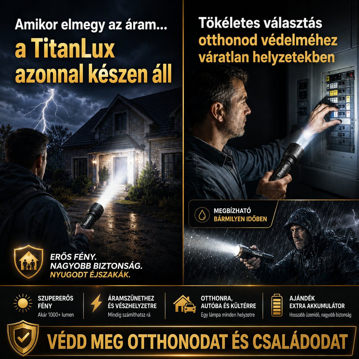 TitanLux™ professzionális taktikai LED-lámpakészlet – Szupererős, nagy hatótávolságú világítás áramszünethez, autós vészhelyzetekhez, kempingezéshez, horgászathoz, túrázáshoz és otthoni használatra