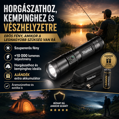 TitanLux™ professzionális taktikai LED-lámpakészlet – Szupererős, nagy hatótávolságú világítás áramszünethez, autós vészhelyzetekhez, kempingezéshez, horgászathoz, túrázáshoz és otthoni használatra