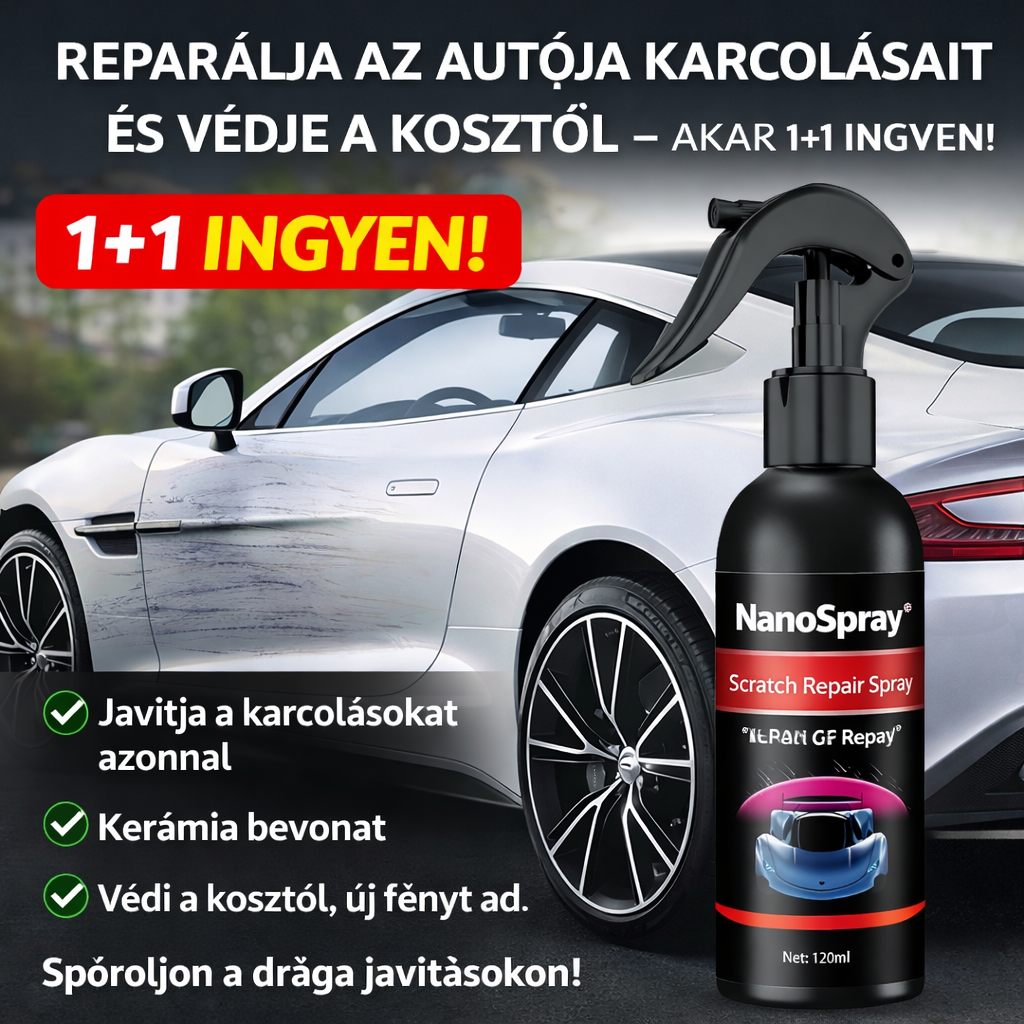 1+1 INGYEN: NanoSpray™ 3 az 1-ben Kerámia Spray | Azonnal Eltünteti a Karcolásokat és Tükörfényt Ad | Spóroljon Százezreket a Drága Javításokon – Profi Védelem Percek Alatt!
