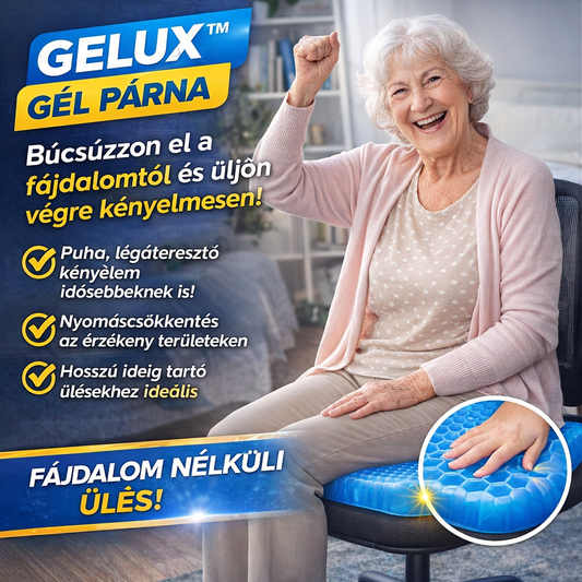 Gelux™ - Az egyetlen prémium terápiás gélpárna, amely azonnal enyhíti a hátfájást és javítja a testtartást – ideális, ha hosszú órákat ülsz! + INGYENES szövethuzat! Próbáld ki 30 napig kockázat nélkül!