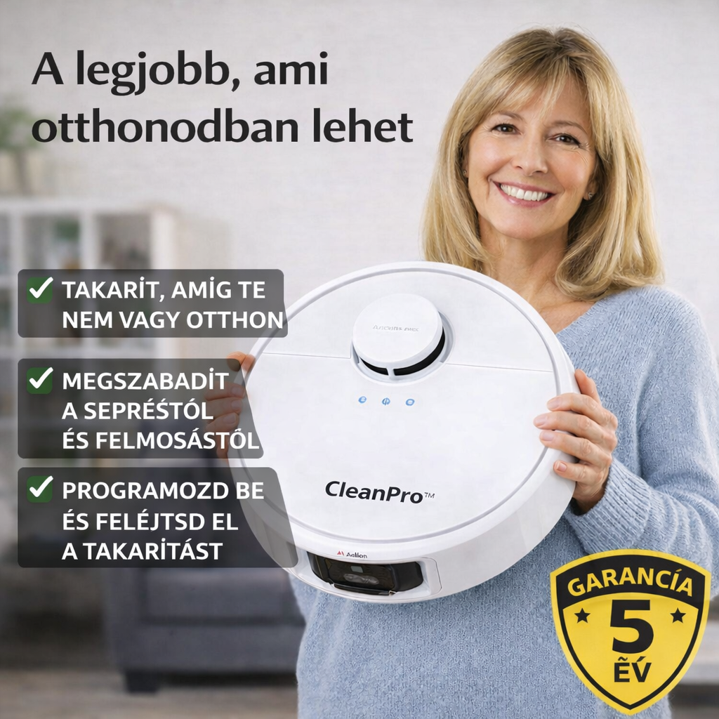 CleanPro™ – A mindentudó 3 az 1-ben robotporszívó: Porszívózik, seper és felmos Ön helyett. Élvezze a tiszta otthont erőfeszítés nélkül! (30 napos próba + 5 év garancia + AJÁNDÉK MA!)