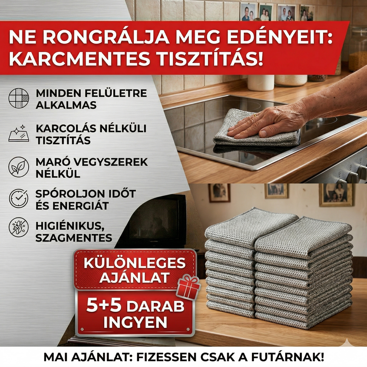 AKCIÓ: 5+5 DARAB INGYEN – CleanMaster™ 2 az 1-ben Univerzális Tisztítókendő: Karcmentes technológia minden felületre! | Ne rongálja meg többé edényeit – Tisztítson karcolások nélkül! | MAI AJÁNLAT: Utánvétes fizetés!