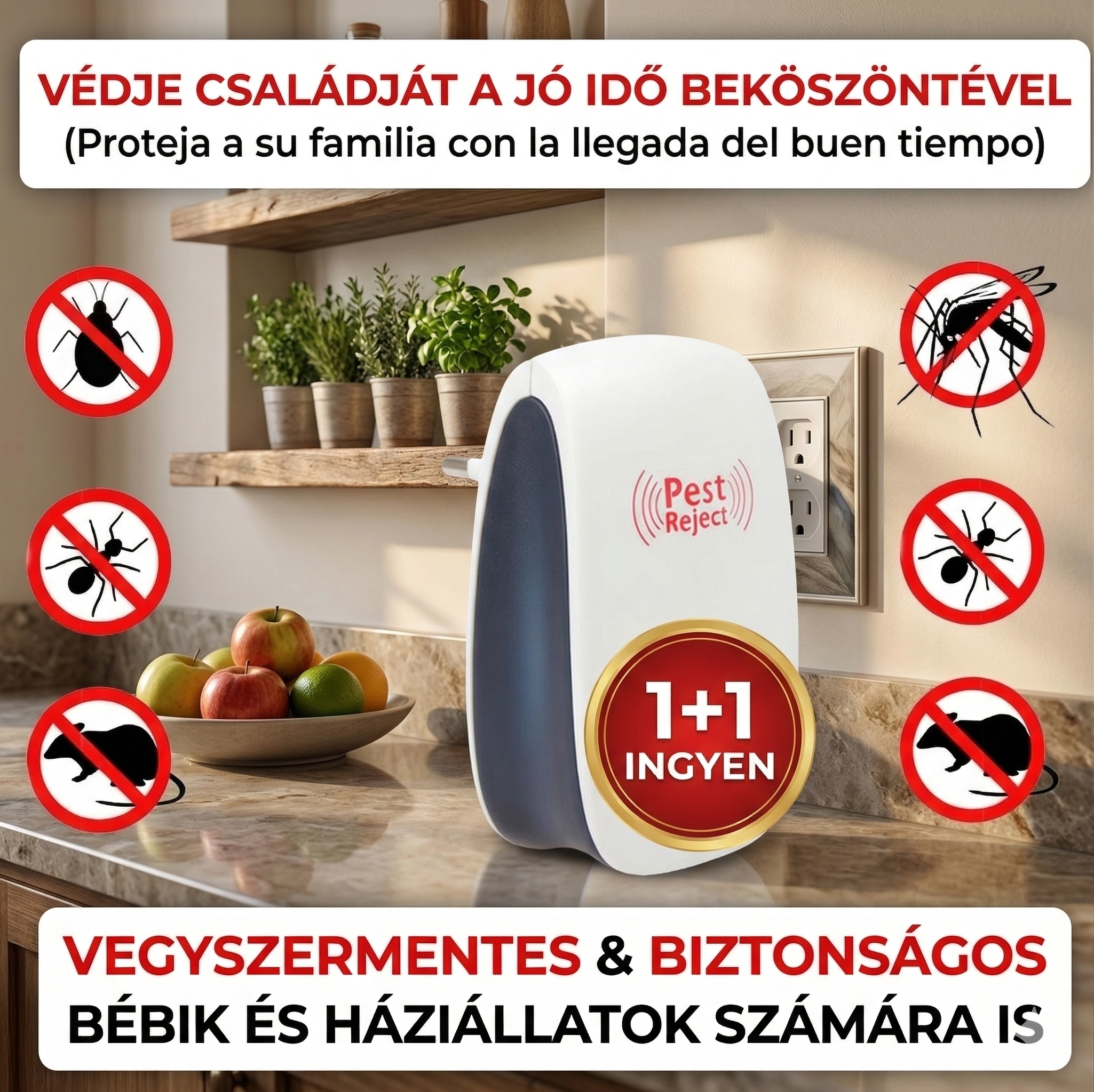 1+1 INGYEN: PestReject™ Ultrahangos Rovar- és Rágcsálóriasztó | Vegyszermentes és Biztonságos Babák és Kisállatok Számára | Mondjon Búcsút a Csótányoknak és Egereknek Otthon, az Irodában vagy a Kertben!