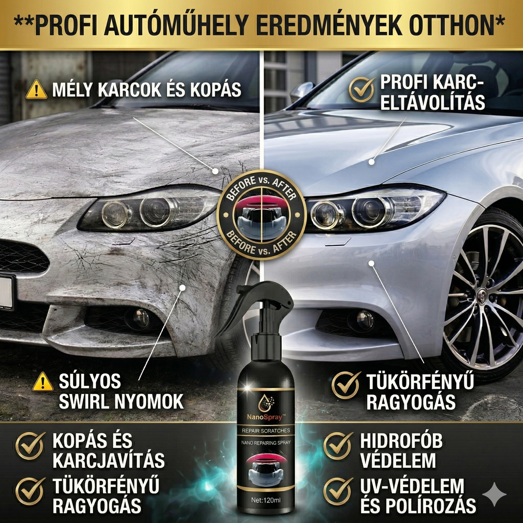 1+1 INGYEN: NanoSpray™ 3 az 1-ben Kerámia Spray | Azonnal Eltünteti a Karcolásokat és Tükörfényt Ad | Spóroljon Százezreket a Drága Javításokon – Profi Védelem Percek Alatt!
