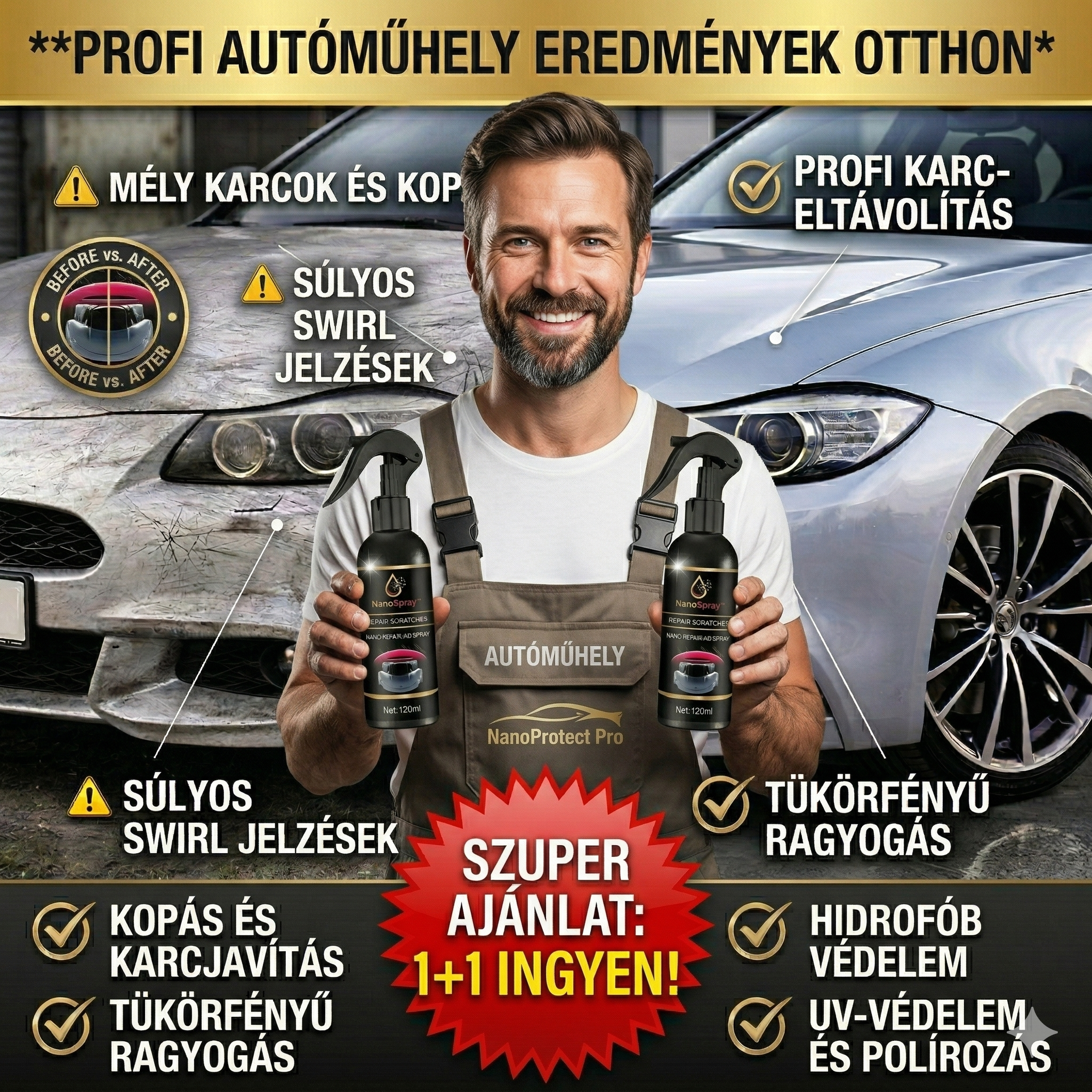 1+1 INGYEN: NanoSpray™ 3 az 1-ben Kerámia Spray | Azonnal Eltünteti a Karcolásokat és Tükörfényt Ad | Spóroljon Százezreket a Drága Javításokon – Profi Védelem Percek Alatt!