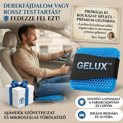 Gelux™ - Az egyetlen prémium terápiás gélpárna, amely azonnal enyhíti a hátfájást és javítja a testtartást – ideális, ha hosszú órákat ülsz! + INGYENES szövethuzat! Próbáld ki 30 napig kockázat nélkül!