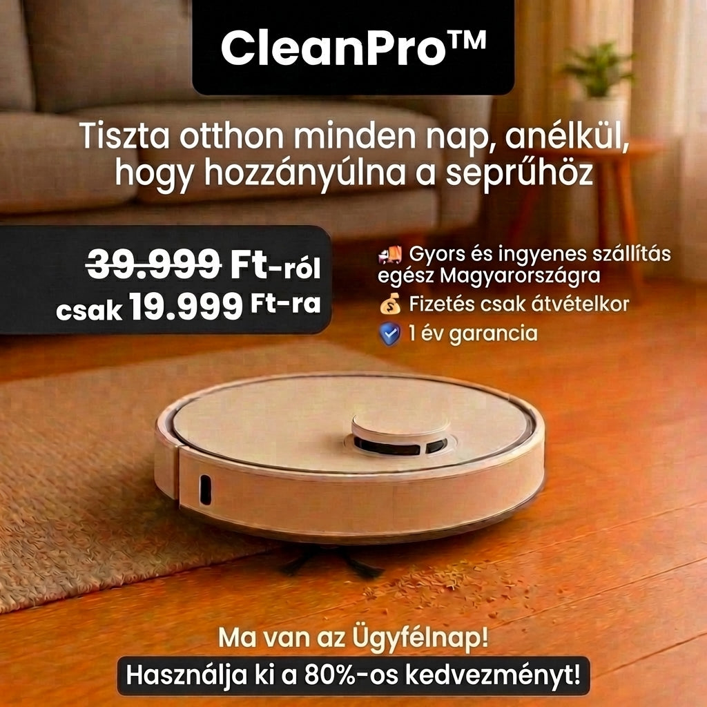 CleanPro™ – A mindentudó 3 az 1-ben robotporszívó: Porszívózik, seper és felmos Ön helyett. Élvezze a tiszta otthont erőfeszítés nélkül! (30 napos próba + 5 év garancia + AJÁNDÉK MA!)
